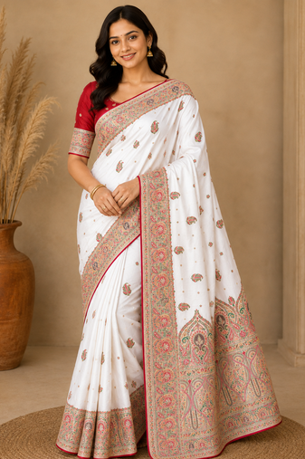 White Color Zari Weaving Work Silk Blend Saree