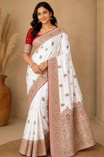White Color Zari Weaving Work Silk Blend Saree