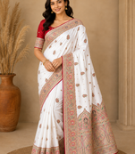 White Color Zari Weaving Work Silk Blend Saree