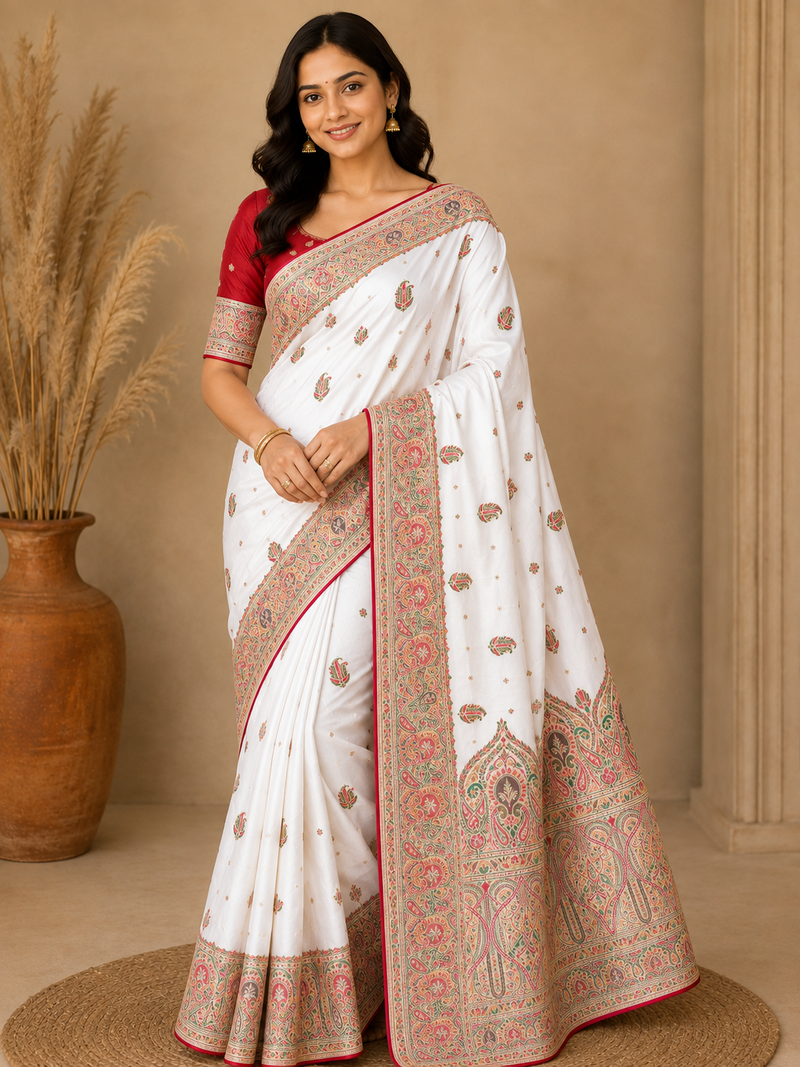 White Color Zari Weaving Work Silk Blend Saree