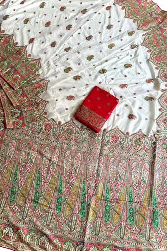 White Color Zari Weaving Work Silk Blend Saree
