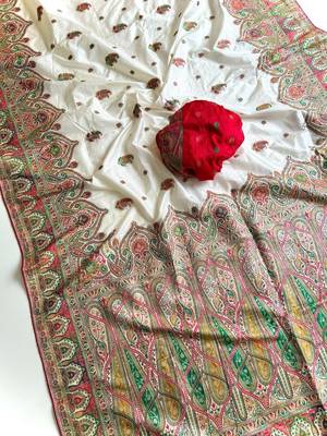 White Color Zari Weaving Work Silk Blend Saree 4