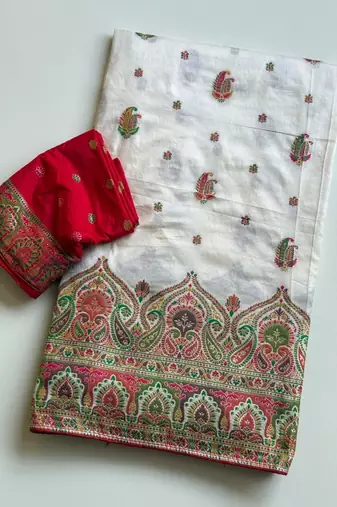 White Color Zari Weaving Work Silk Blend Saree