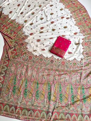 White Color Zari Weaving Work Silk Blend Saree 1