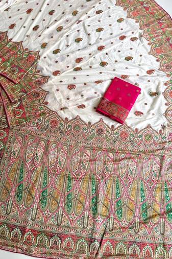 White Color Zari Weaving Work Silk Blend Saree