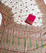 White Color Zari Weaving Work Silk Blend Saree