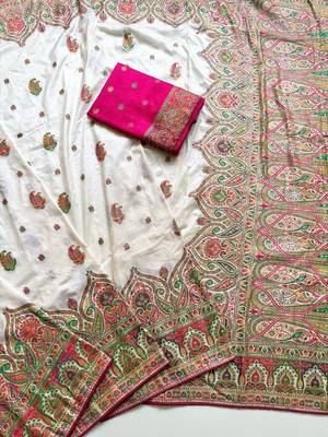 White Color Zari Weaving Work Silk Blend Saree 2