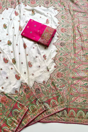 White Color Zari Weaving Work Silk Blend Saree