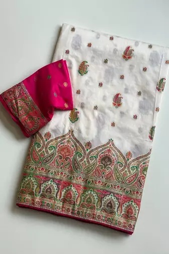 White Color Zari Weaving Work Silk Blend Saree