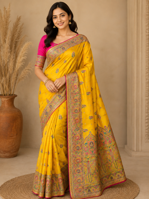 Mustard Color Zari Weaving Work Silk Blend Saree 1