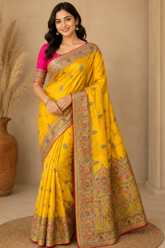 Mustard Color Zari Weaving Work Silk Blend Saree