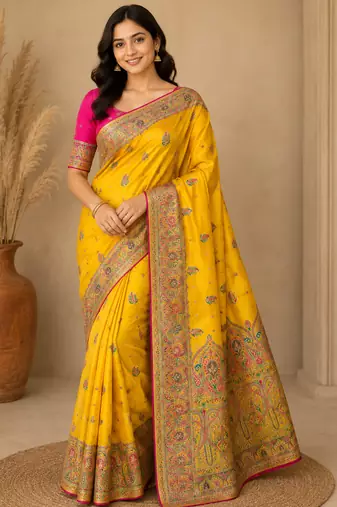 Mustard Color Zari Weaving Work Silk Blend Saree
