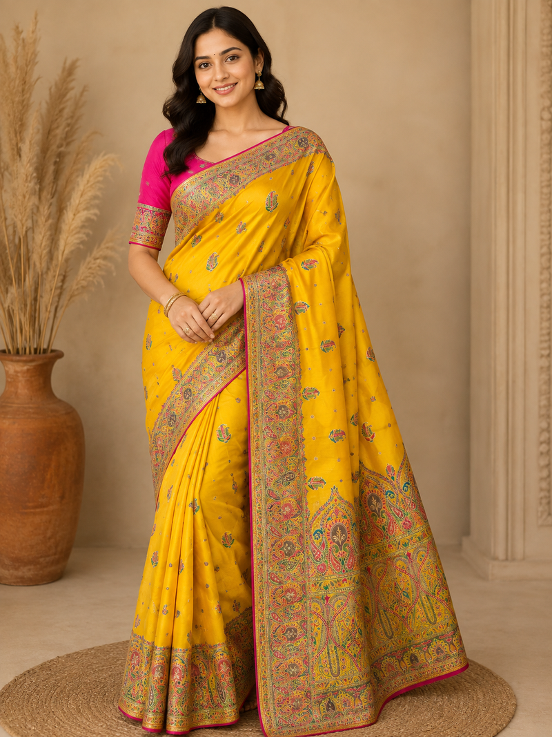 Mustard Color Zari Weaving Work Silk Blend Saree