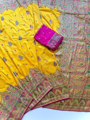 Mustard Color Zari Weaving Work Silk Blend Saree 3
