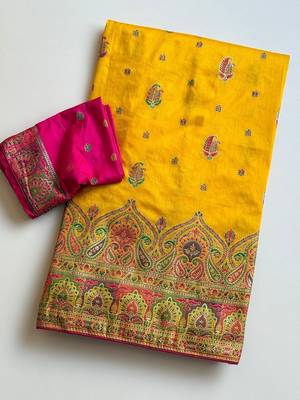 Mustard Color Zari Weaving Work Silk Blend Saree 4