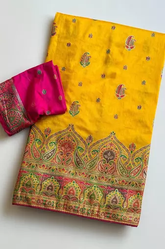 Mustard Color Zari Weaving Work Silk Blend Saree