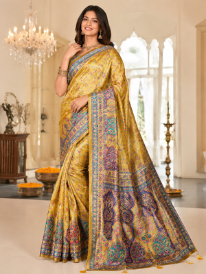 Mustard Color Zari Weavind Work Silk Blend Saree 1