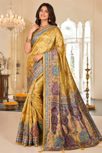Mustard Color Zari Weavind Work Silk Blend Saree