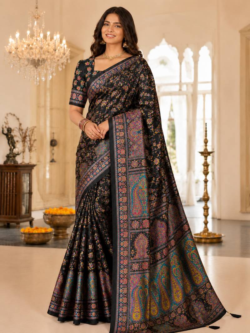 Black Color Zari Weavind Work Silk Blend Saree