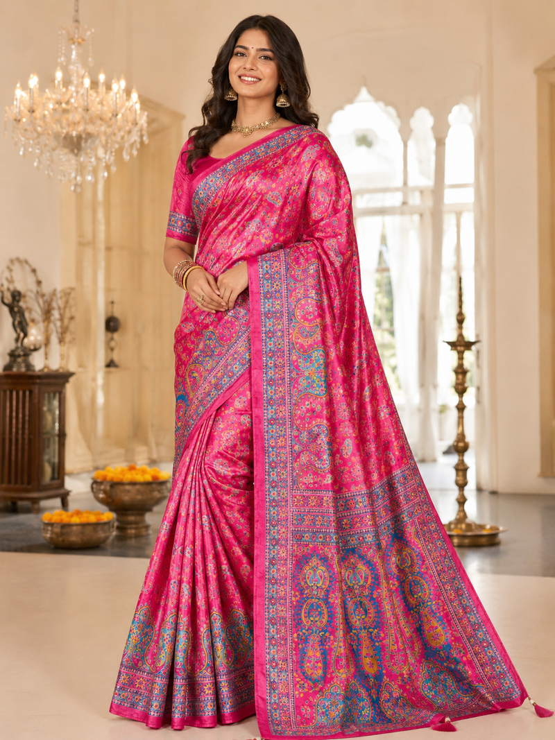 Rani Pink Color Zari Weavind Work Silk Blend Saree