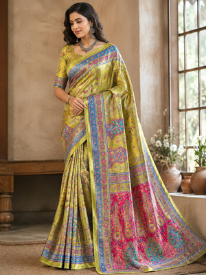 Olive Color Zari Weavind Work Silk Blend Saree 1