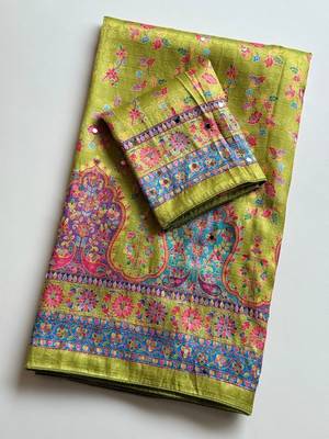 Olive Color Zari Weavind Work Silk Blend Saree 4