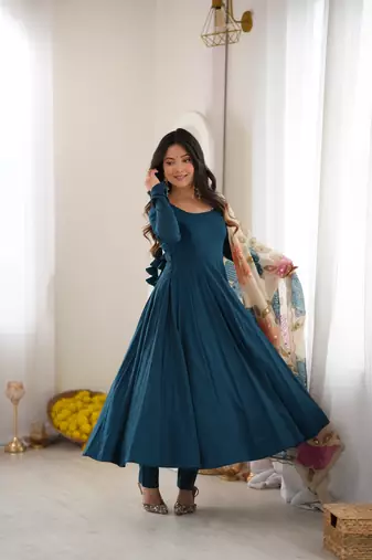 Roman silk fabric fully flare anarkali gown, pant with duppta set