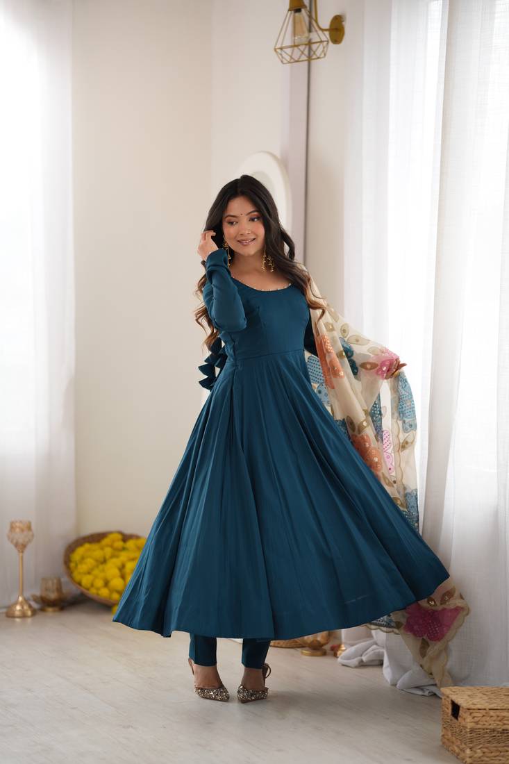 Roman silk fabric fully flare anarkali gown, pant with duppta set