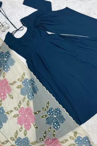 Roman silk fabric fully flare anarkali gown, pant with duppta set