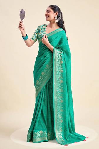 Green solid chiffon ethnic saree with blouse