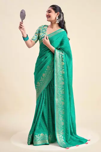 Green solid chiffon ethnic saree with blouse