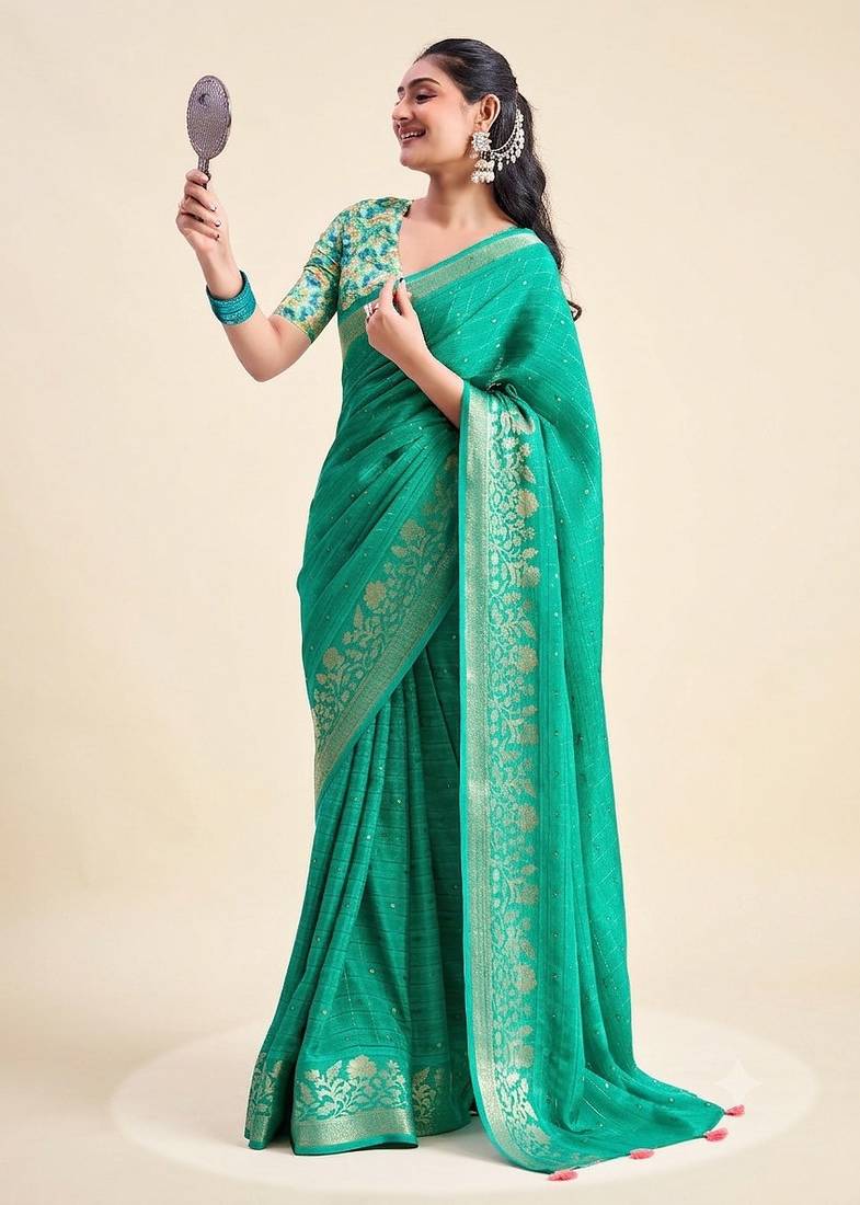 Green solid chiffon ethnic saree with blouse