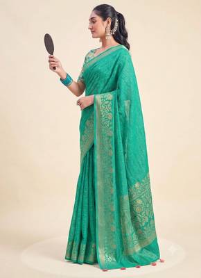 Green solid chiffon ethnic saree with blouse 3