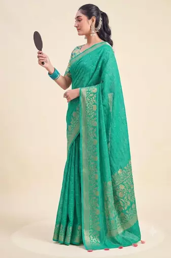 Green solid chiffon ethnic saree with blouse