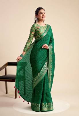 Green solid chiffon ethnic saree with blouse 1