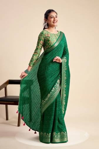 Green solid chiffon ethnic saree with blouse