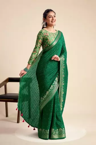Green solid chiffon ethnic saree with blouse