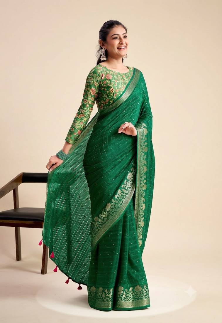 Green solid chiffon ethnic saree with blouse