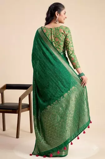 Green solid chiffon ethnic saree with blouse
