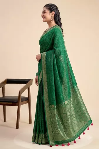 Green solid chiffon ethnic saree with blouse
