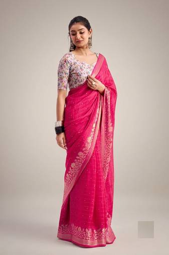 Magenta solid chiffon ethnic saree with blouse