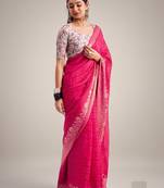 Magenta solid chiffon ethnic saree with blouse