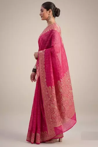 Magenta solid chiffon ethnic saree with blouse