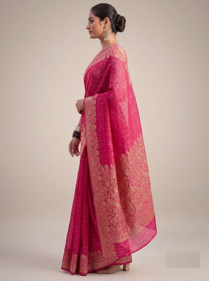 Magenta solid chiffon ethnic saree with blouse