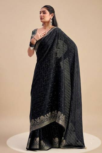 Black solid chiffon ethnic saree with blouse