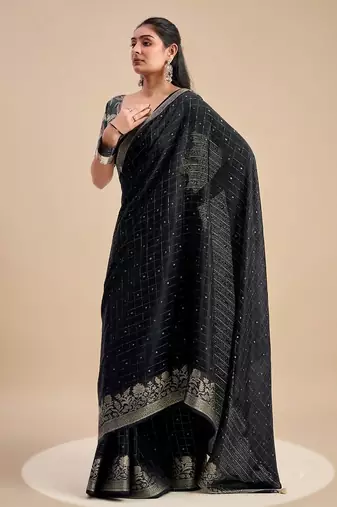 Black solid chiffon ethnic saree with blouse