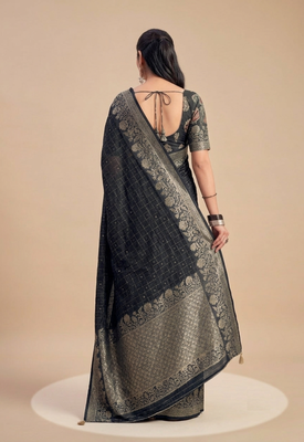 Black solid chiffon ethnic saree with blouse 2