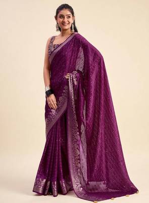 Purple solid chiffon ethnic saree with blouse 1