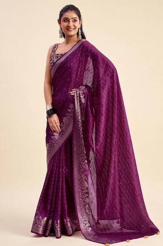 Purple solid chiffon ethnic saree with blouse