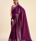 Purple solid chiffon ethnic saree with blouse